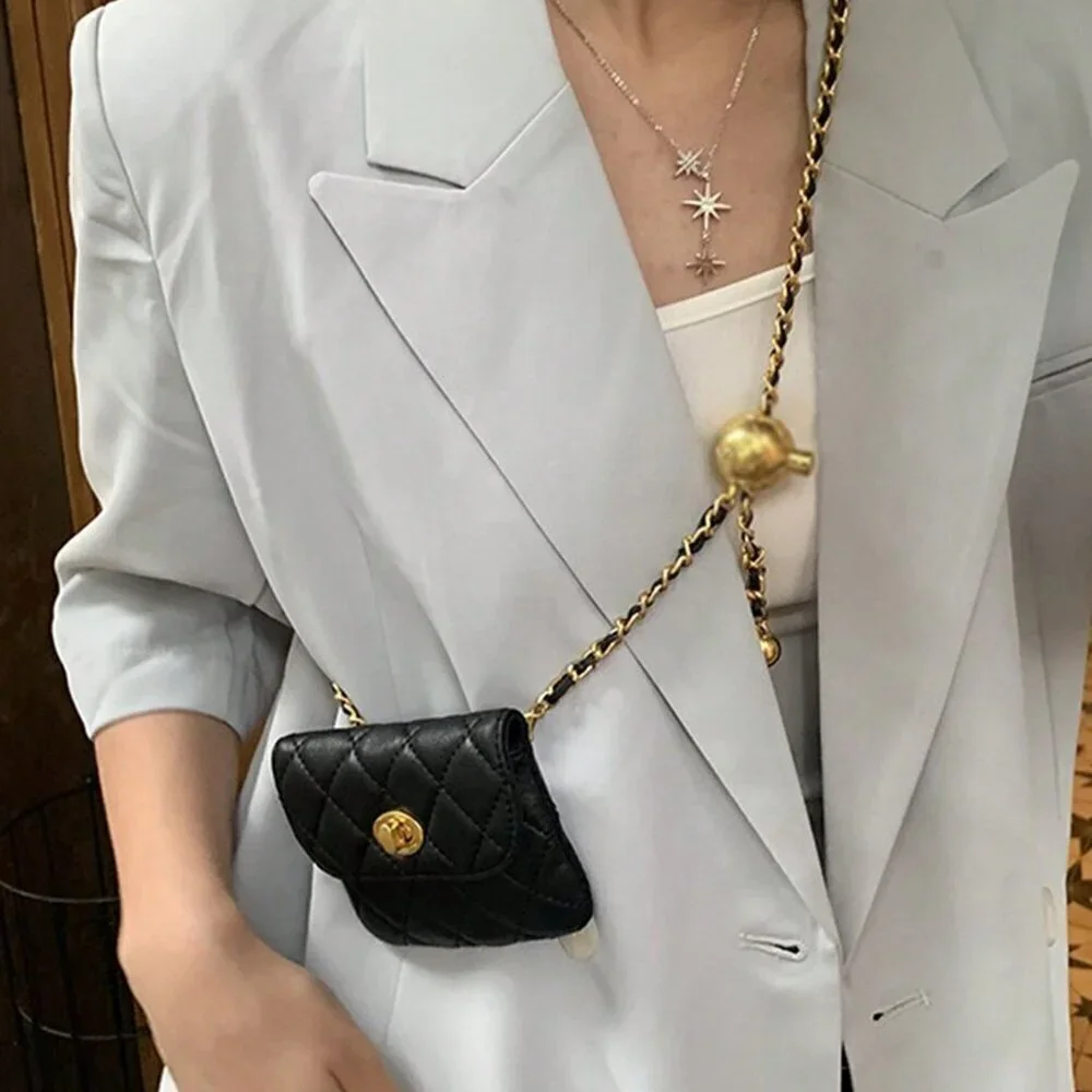Black Fashionable Women's Rhombic Embroidery Detachable Chain Mini Shoulder Bag